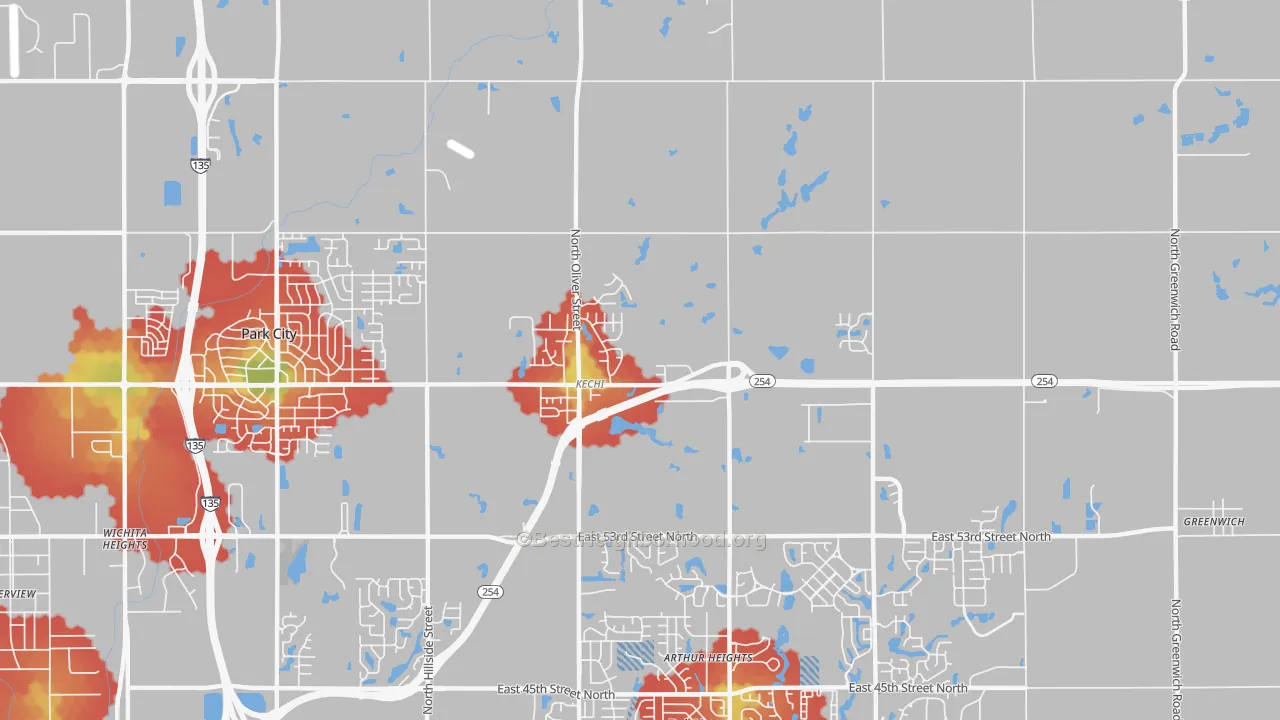 Walk Grade map of 67067, KS, walkable areas in green and car-dependent areas in red