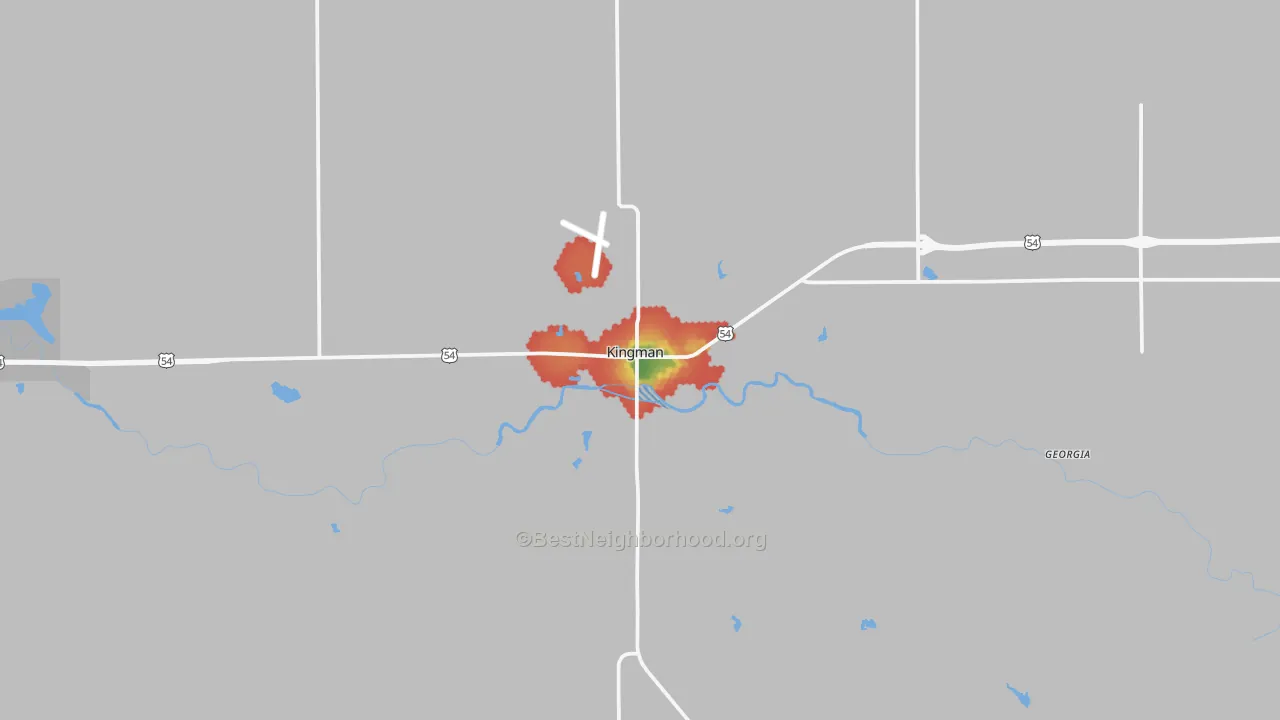 Walk Grade map of 67068, KS, walkable areas in green and car-dependent areas in red
