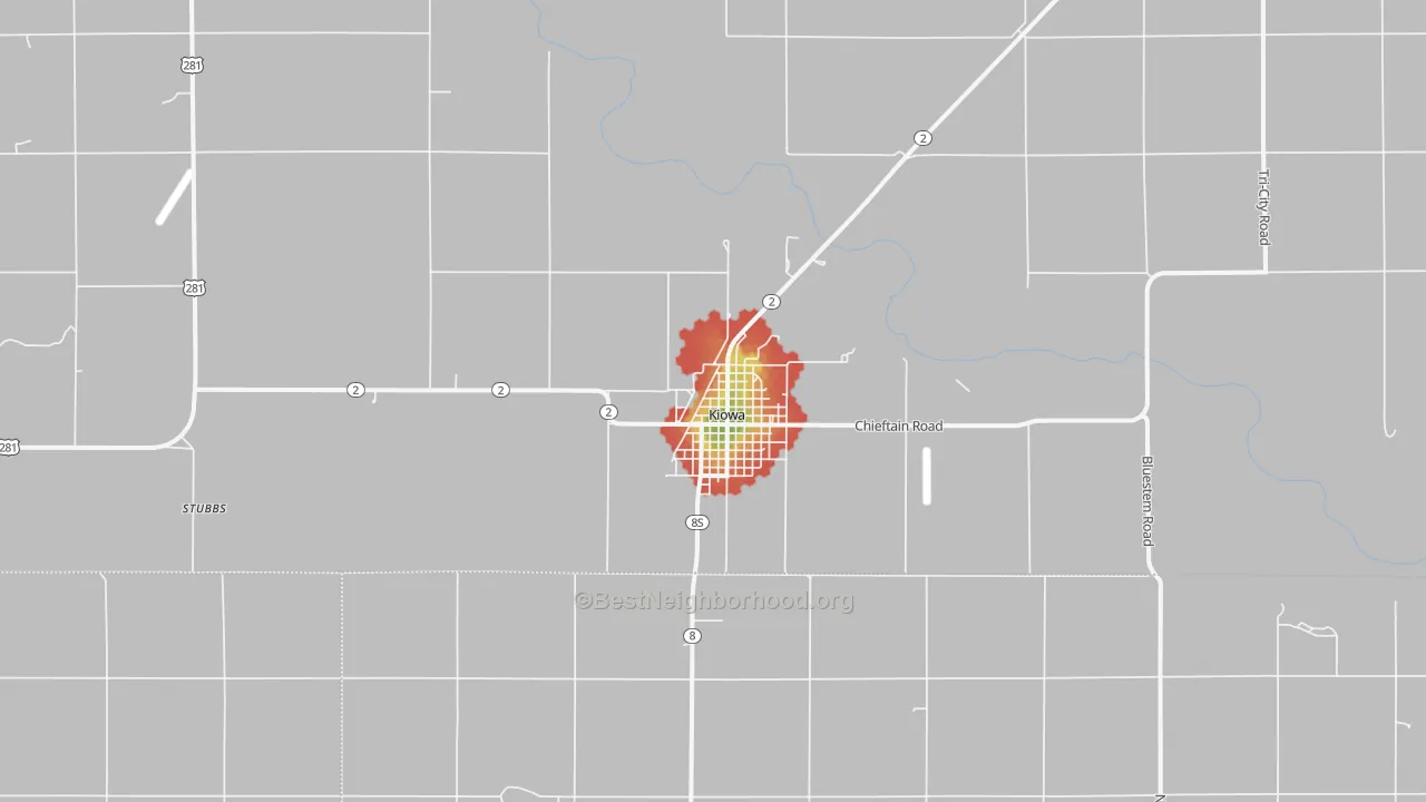 Walk Grade map of 67070, KS, walkable areas in green and car-dependent areas in red