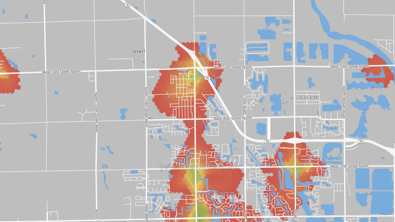 Walk Grade map of 67101, KS, walkable areas in green and car-dependent areas in red