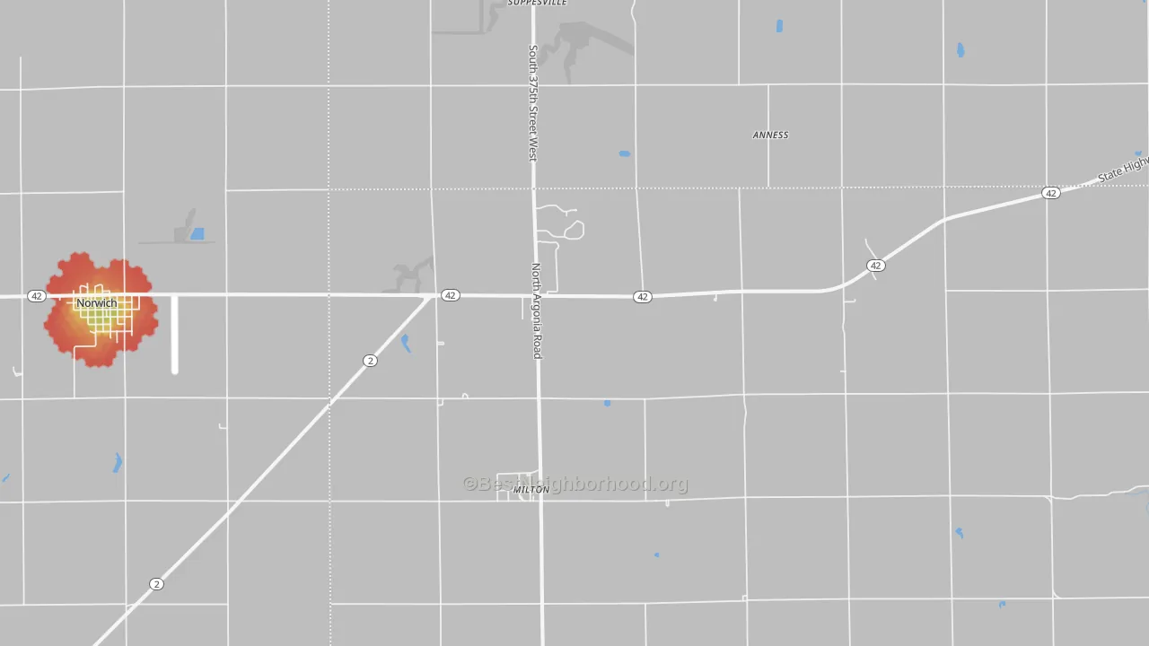 Walk Grade map of 67106, KS, walkable areas in green and car-dependent areas in red