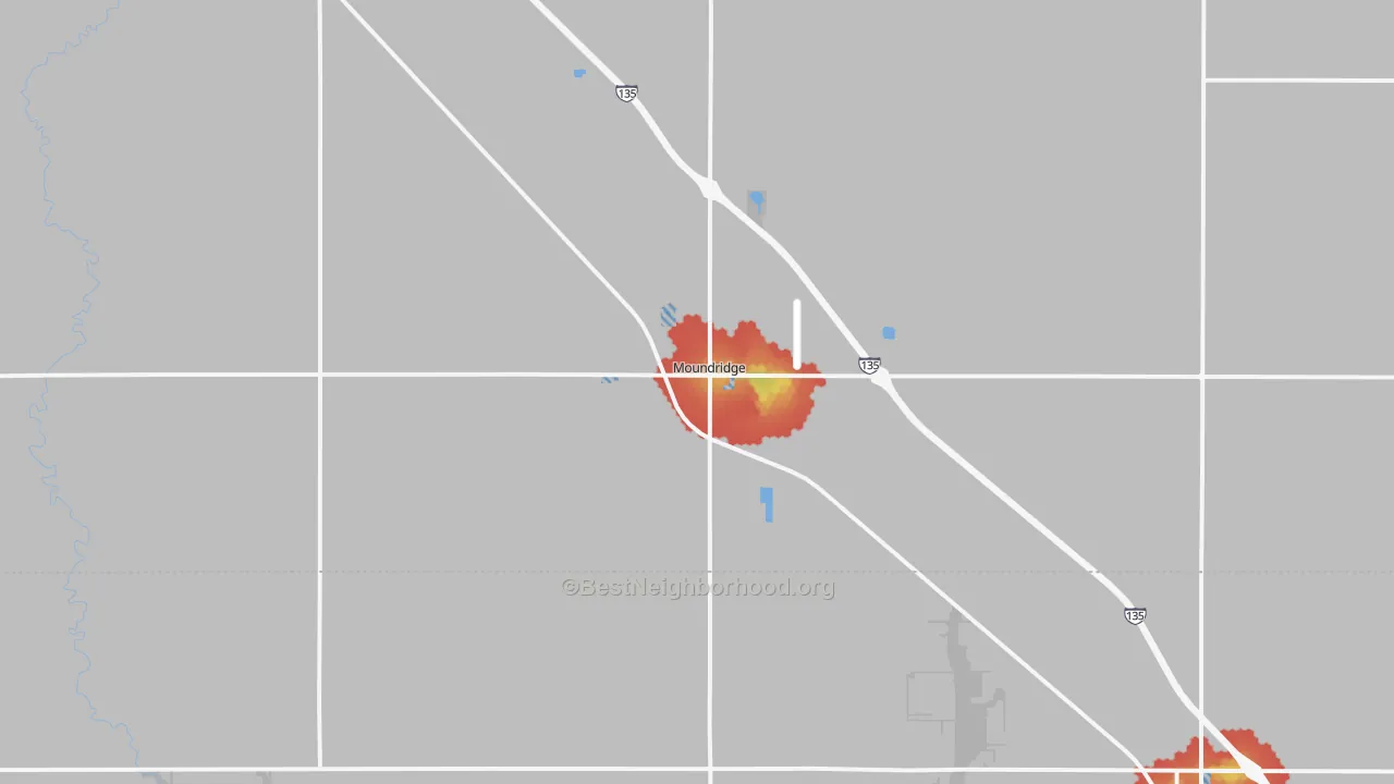 Walk Grade map of 67107, KS, walkable areas in green and car-dependent areas in red