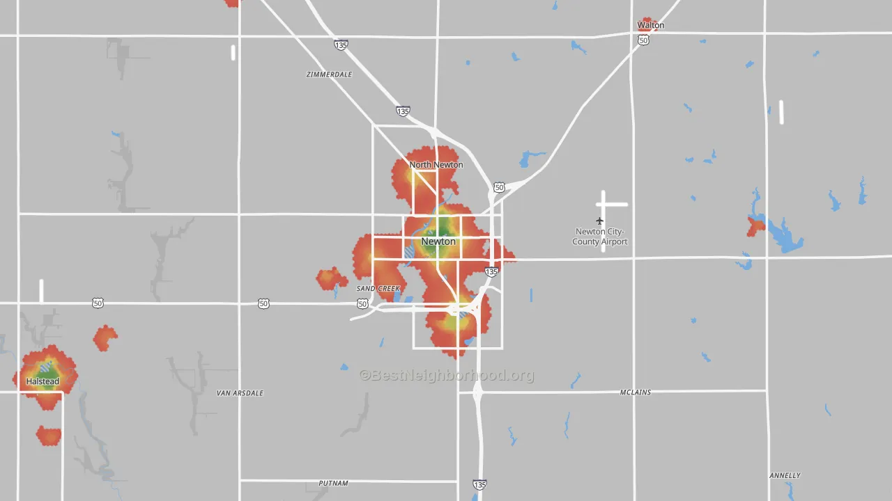 Walk Grade map of 67114, KS, walkable areas in green and car-dependent areas in red