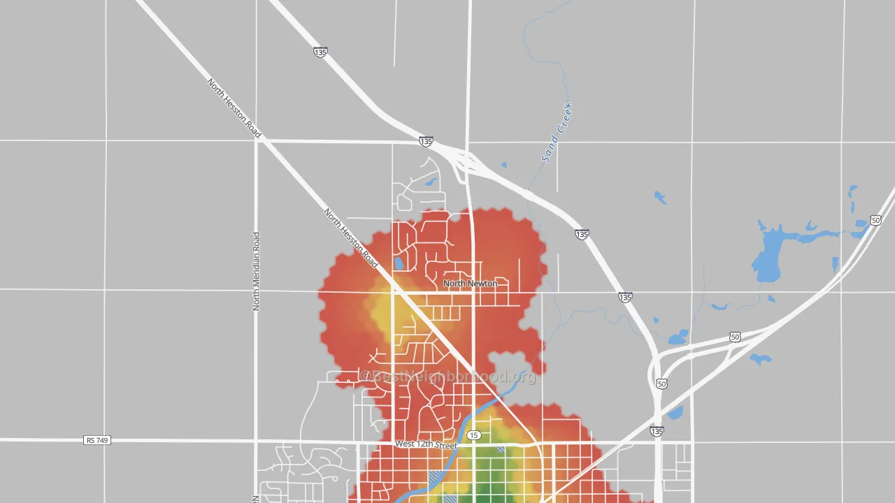 Walk Grade map of 67117, KS, walkable areas in green and car-dependent areas in red