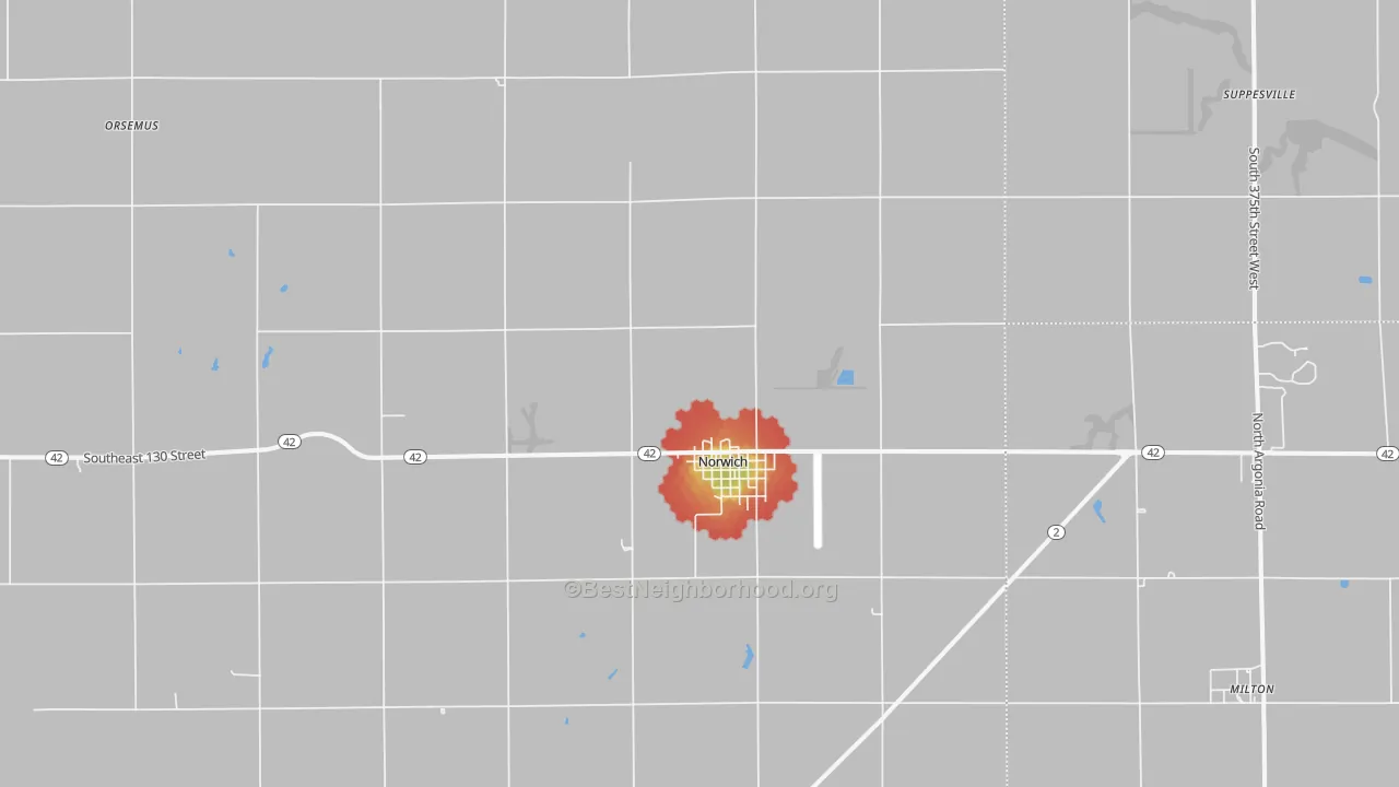 Walk Grade map of 67118, KS, walkable areas in green and car-dependent areas in red