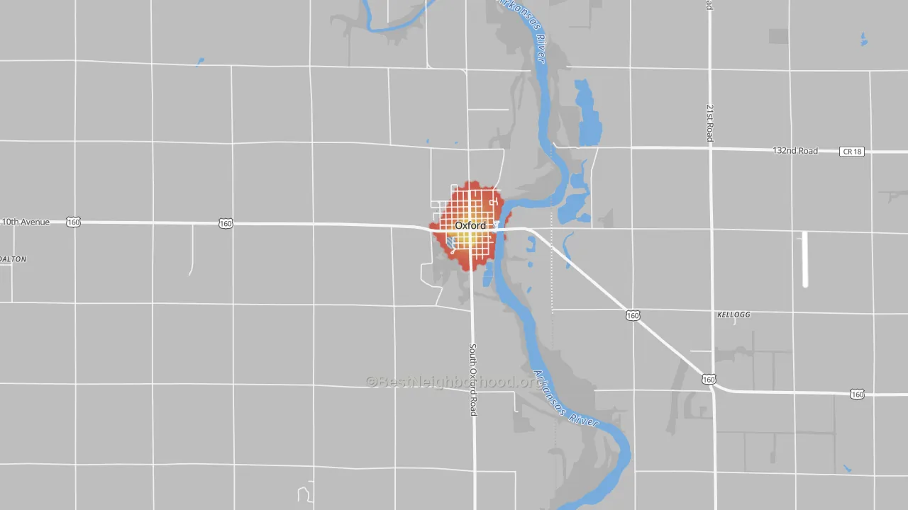 Walk Grade map of 67119, KS, walkable areas in green and car-dependent areas in red