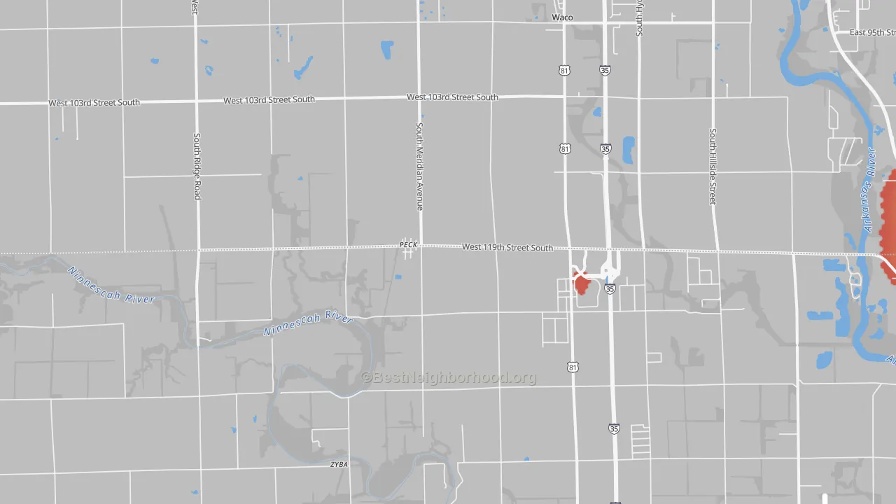Walk Grade map of 67120, KS, walkable areas in green and car-dependent areas in red