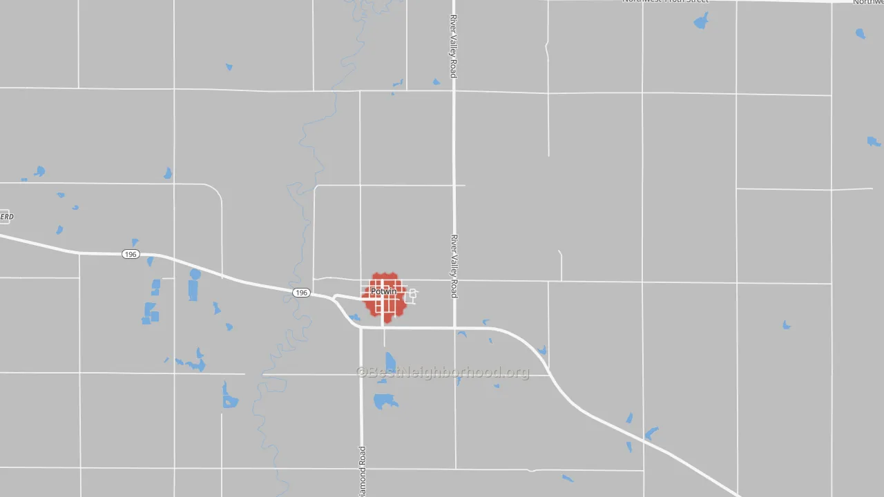 Walk Grade map of 67123, KS, walkable areas in green and car-dependent areas in red