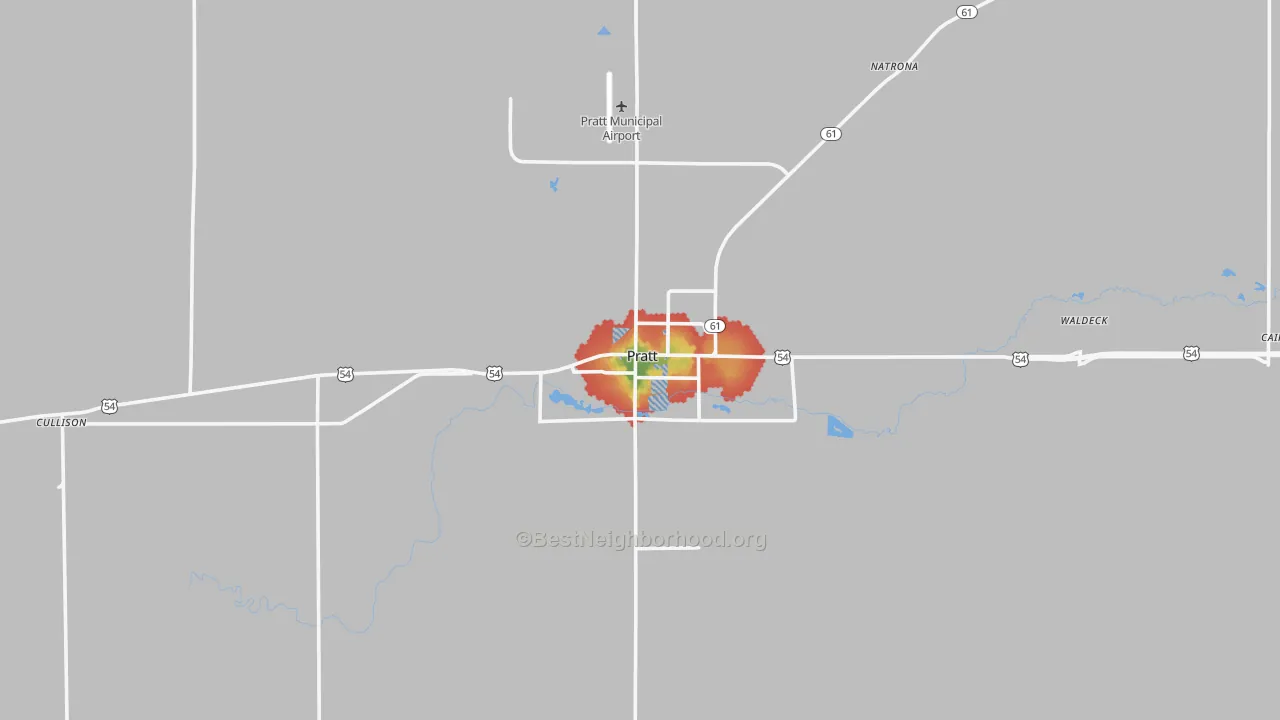 Walk Grade map of 67124, KS, walkable areas in green and car-dependent areas in red
