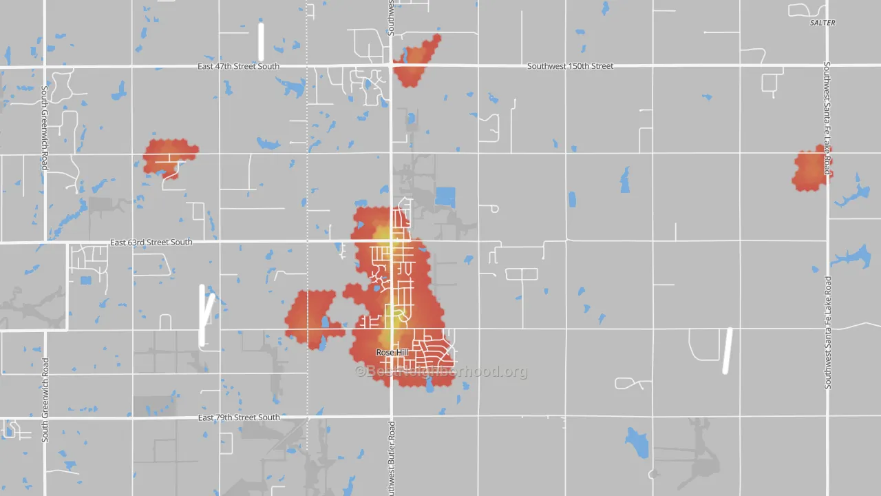 Walk Grade map of 67133, KS, walkable areas in green and car-dependent areas in red