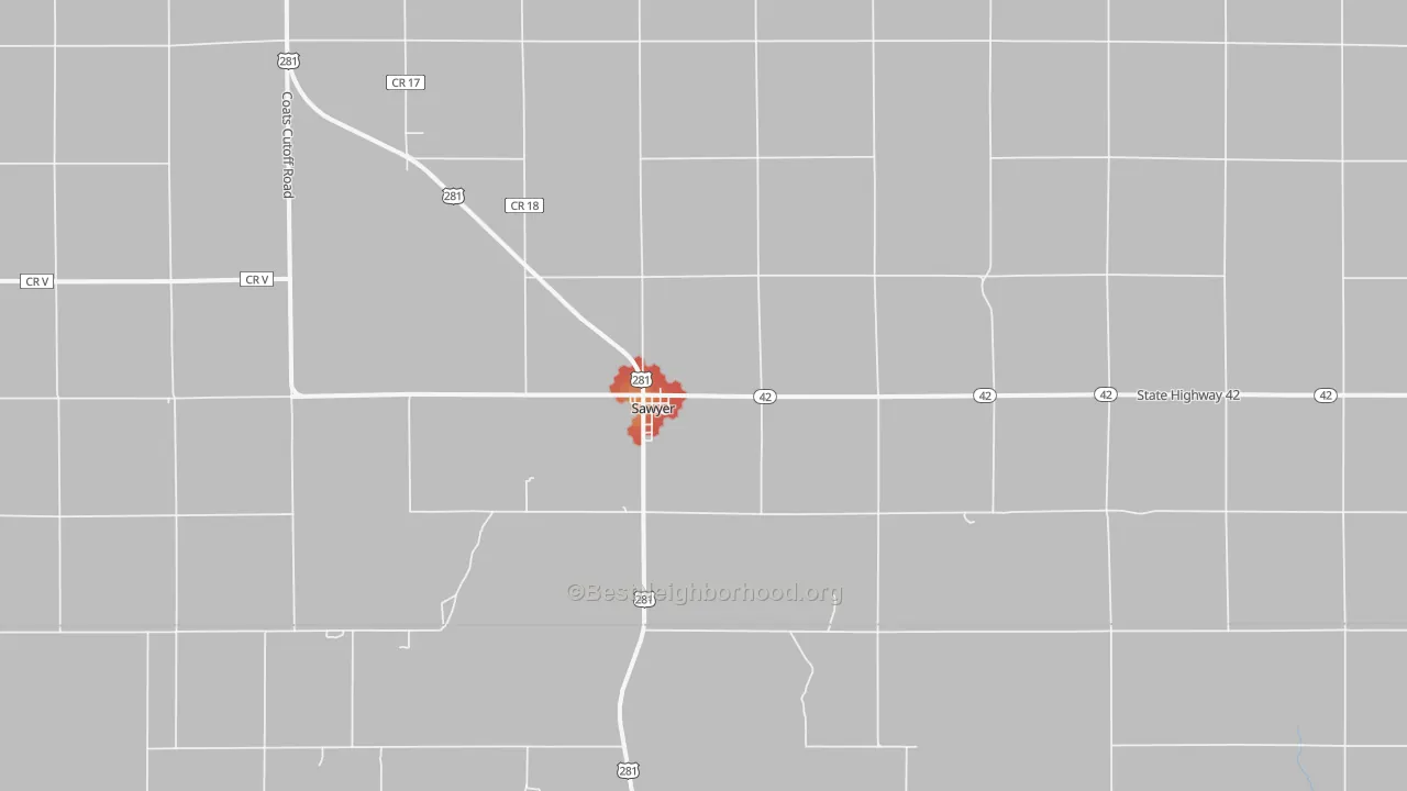 Walk Grade map of 67134, KS, walkable areas in green and car-dependent areas in red