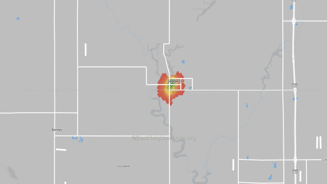 Walk Grade map of 67135, KS, walkable areas in green and car-dependent areas in red