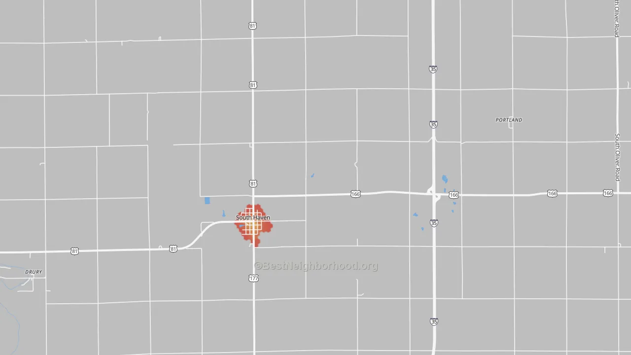 Walk Grade map of 67140, KS, walkable areas in green and car-dependent areas in red