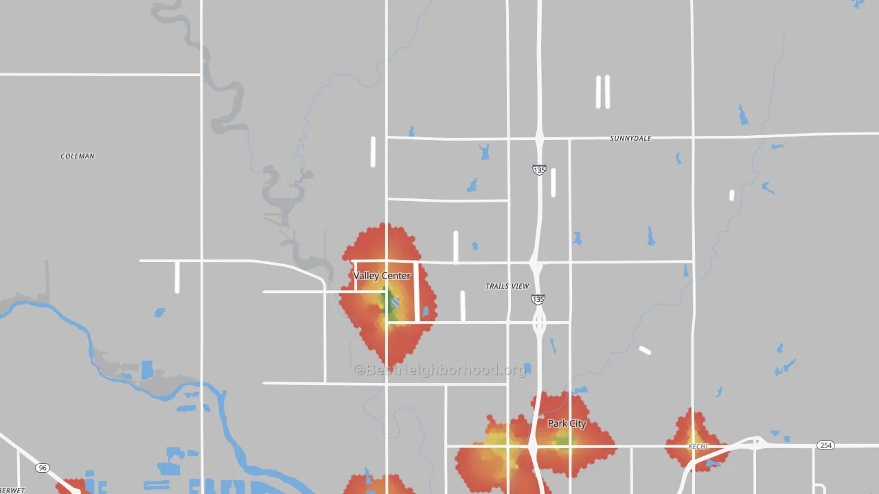 Walk Grade map of 67147, KS, walkable areas in green and car-dependent areas in red