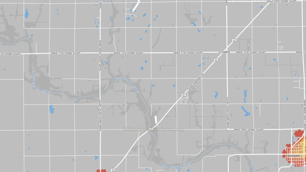 Walk Grade map of 67149, KS, walkable areas in green and car-dependent areas in red