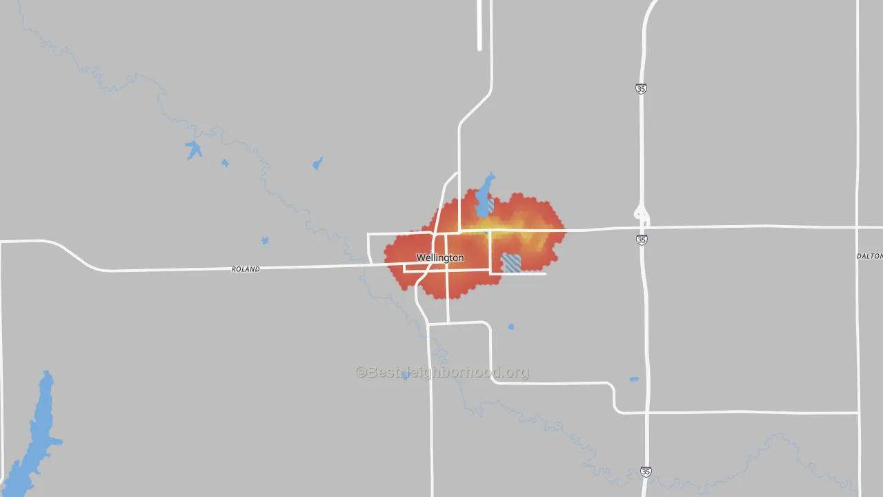 Walk Grade map of 67152, KS, walkable areas in green and car-dependent areas in red