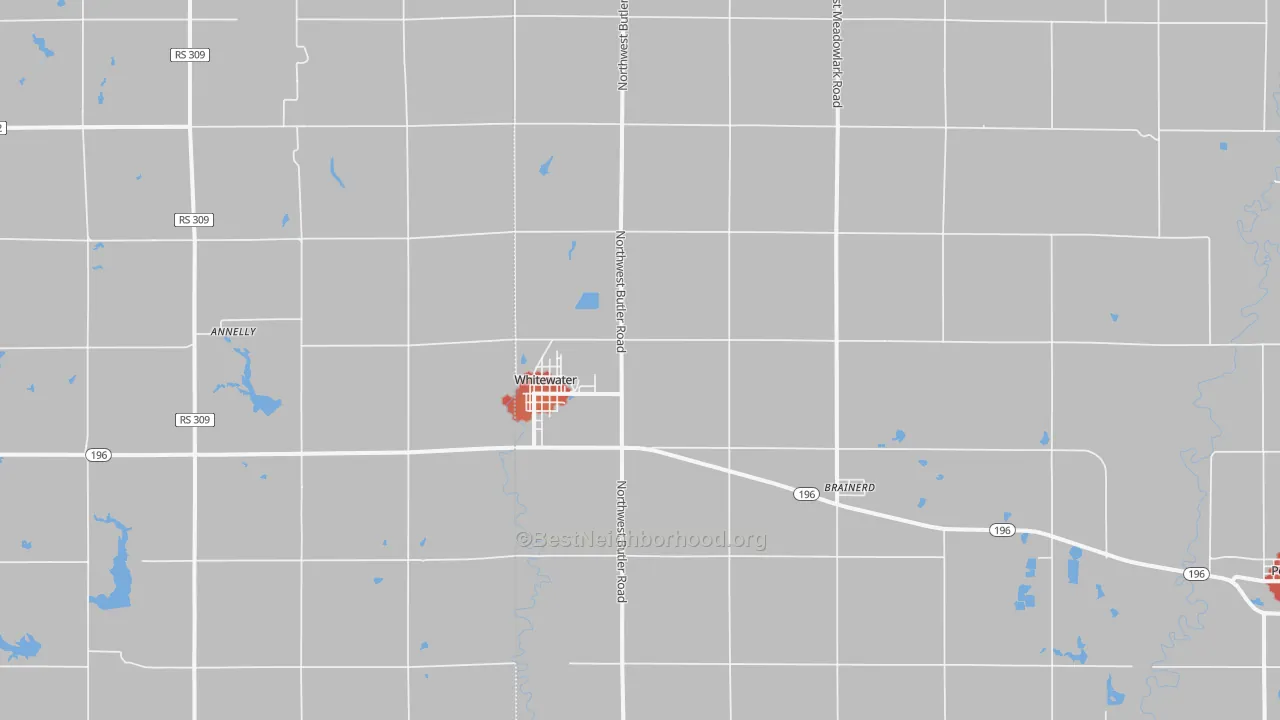 Walk Grade map of 67154, KS, walkable areas in green and car-dependent areas in red