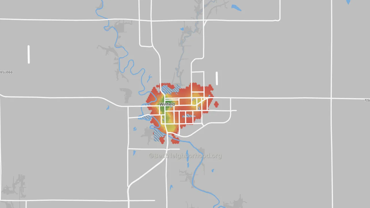 Walk Grade map of 67156, KS, walkable areas in green and car-dependent areas in red