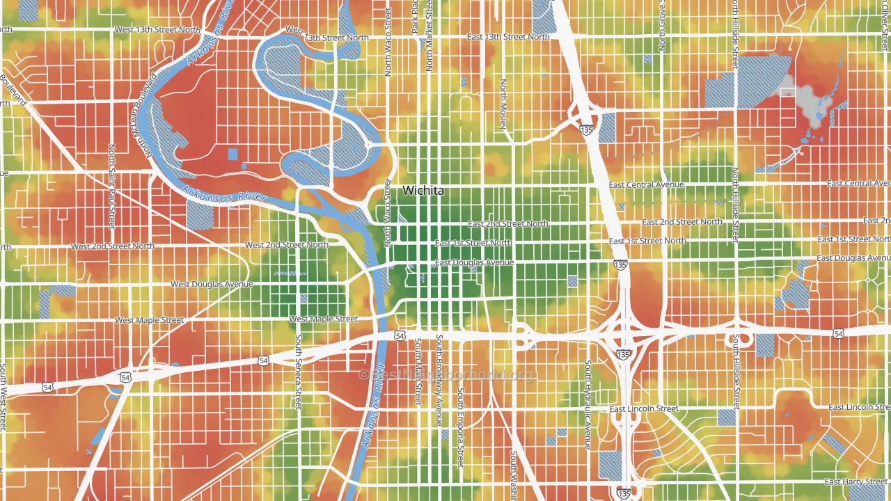 Walk Grade map of 67202, KS, walkable areas in green and car-dependent areas in red