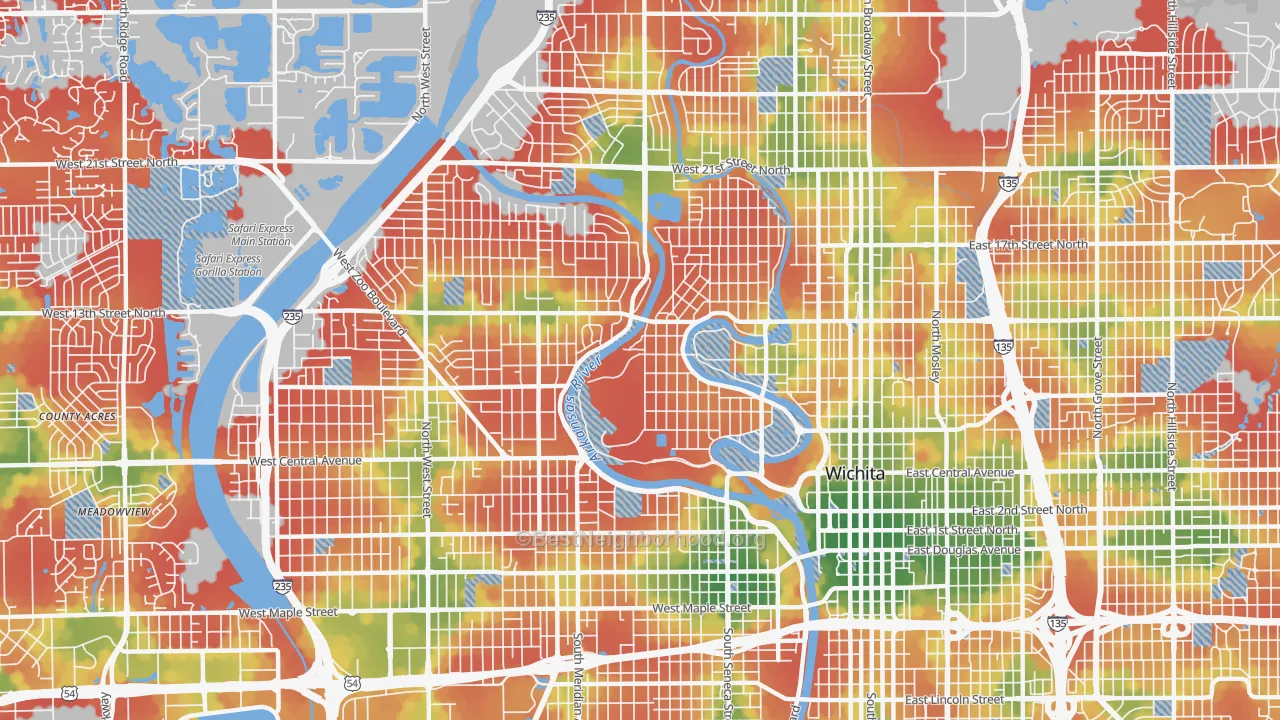 Walk Grade map of 67203, KS, walkable areas in green and car-dependent areas in red