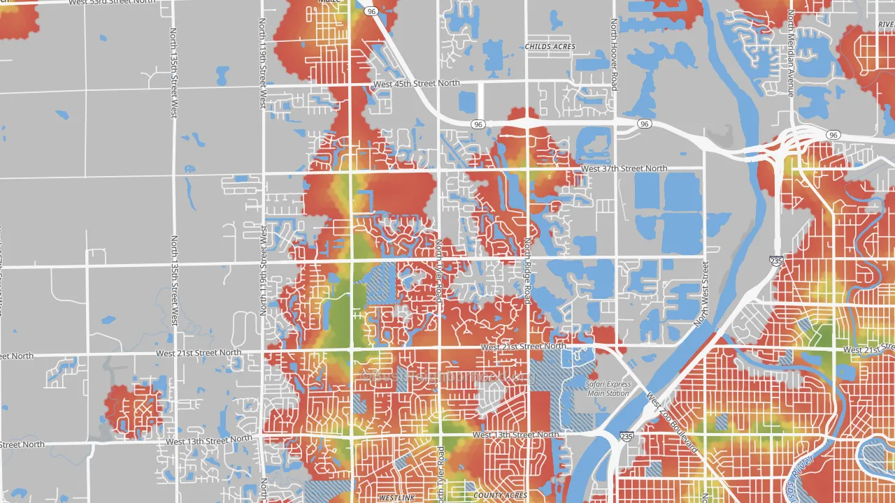 Walk Grade map of 67205, KS, walkable areas in green and car-dependent areas in red