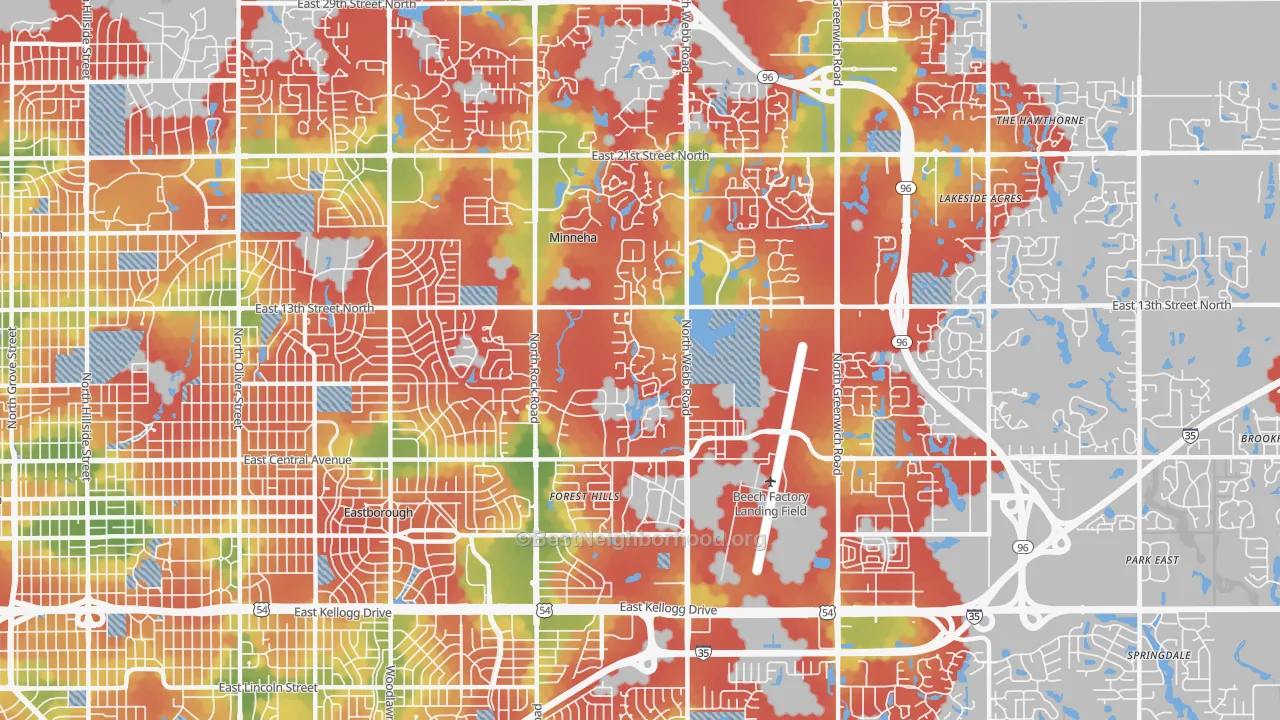 Walk Grade map of 67206, KS, walkable areas in green and car-dependent areas in red