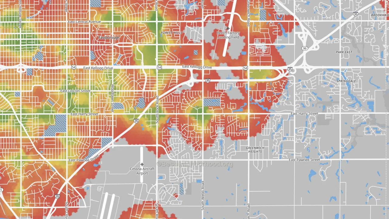 Walk Grade map of 67207, KS, walkable areas in green and car-dependent areas in red