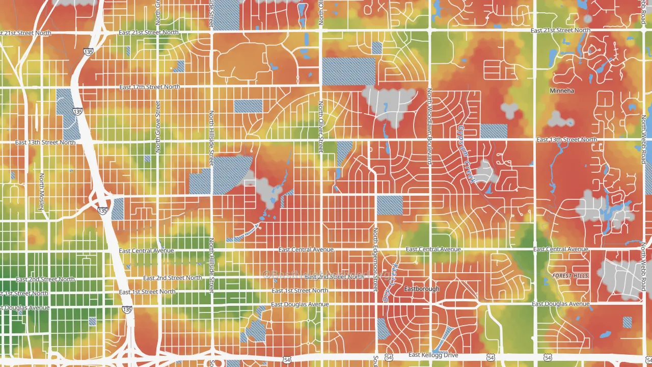 Walk Grade map of 67208, KS, walkable areas in green and car-dependent areas in red