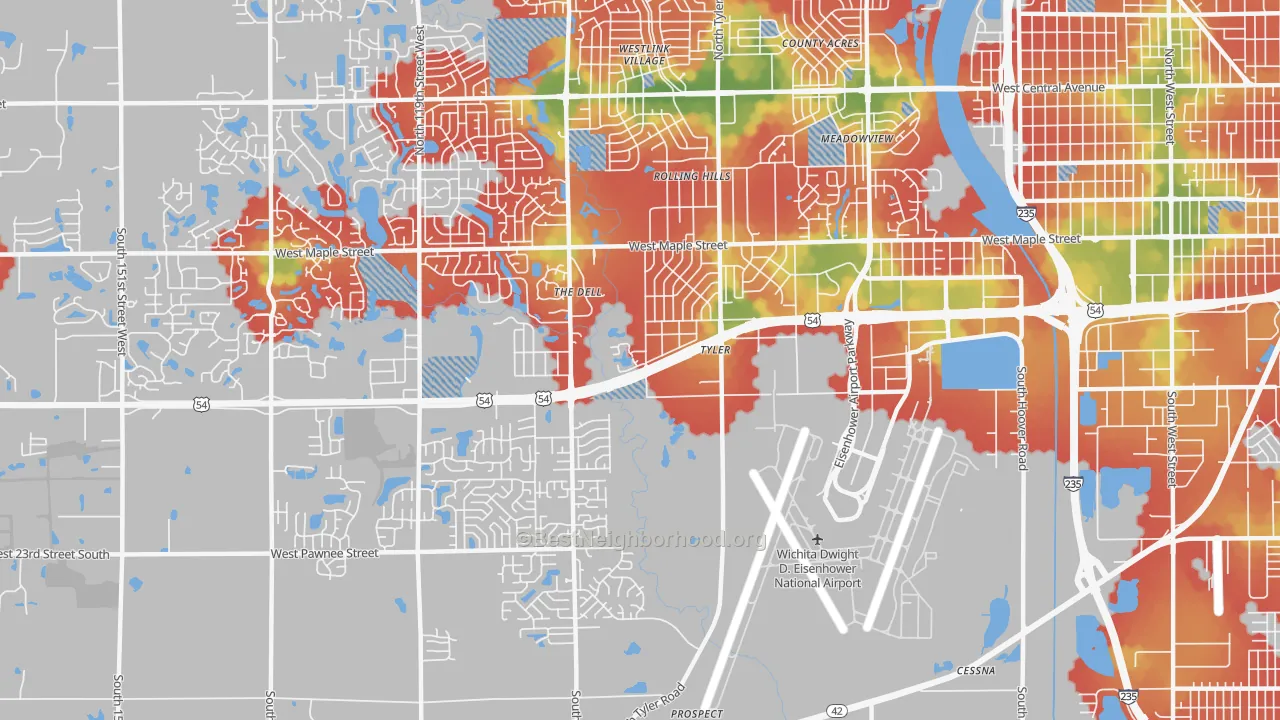 Walk Grade map of 67209, KS, walkable areas in green and car-dependent areas in red