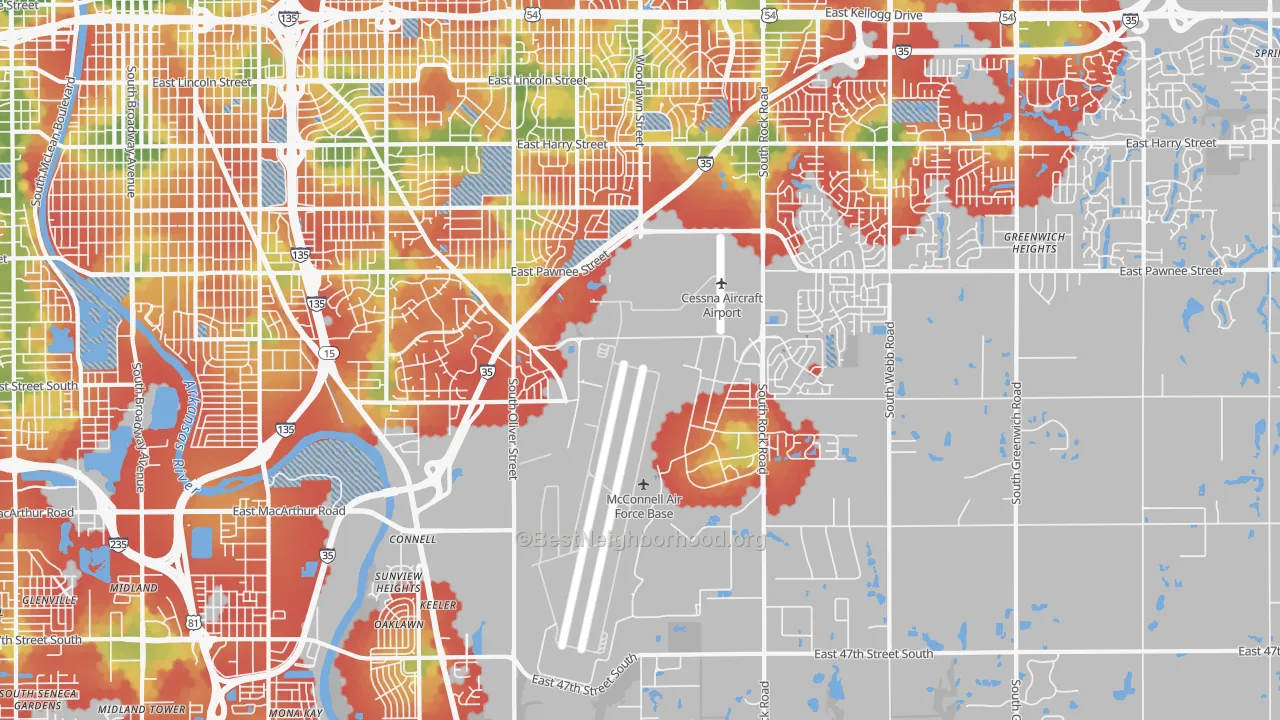 Walk Grade map of 67210, KS, walkable areas in green and car-dependent areas in red