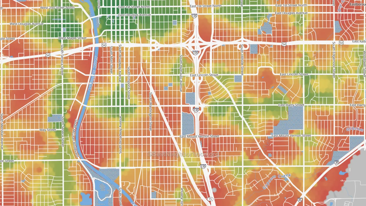 Walk Grade map of 67211, KS, walkable areas in green and car-dependent areas in red