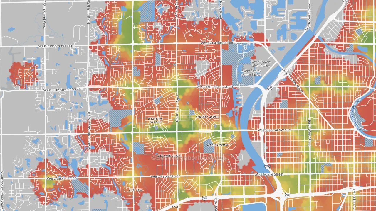 Walk Grade map of 67212, KS, walkable areas in green and car-dependent areas in red