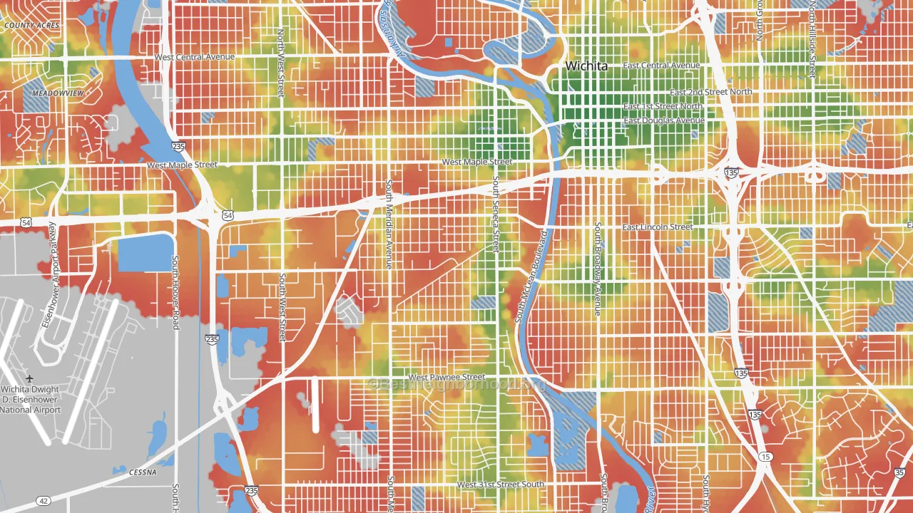 Walk Grade map of 67213, KS, walkable areas in green and car-dependent areas in red