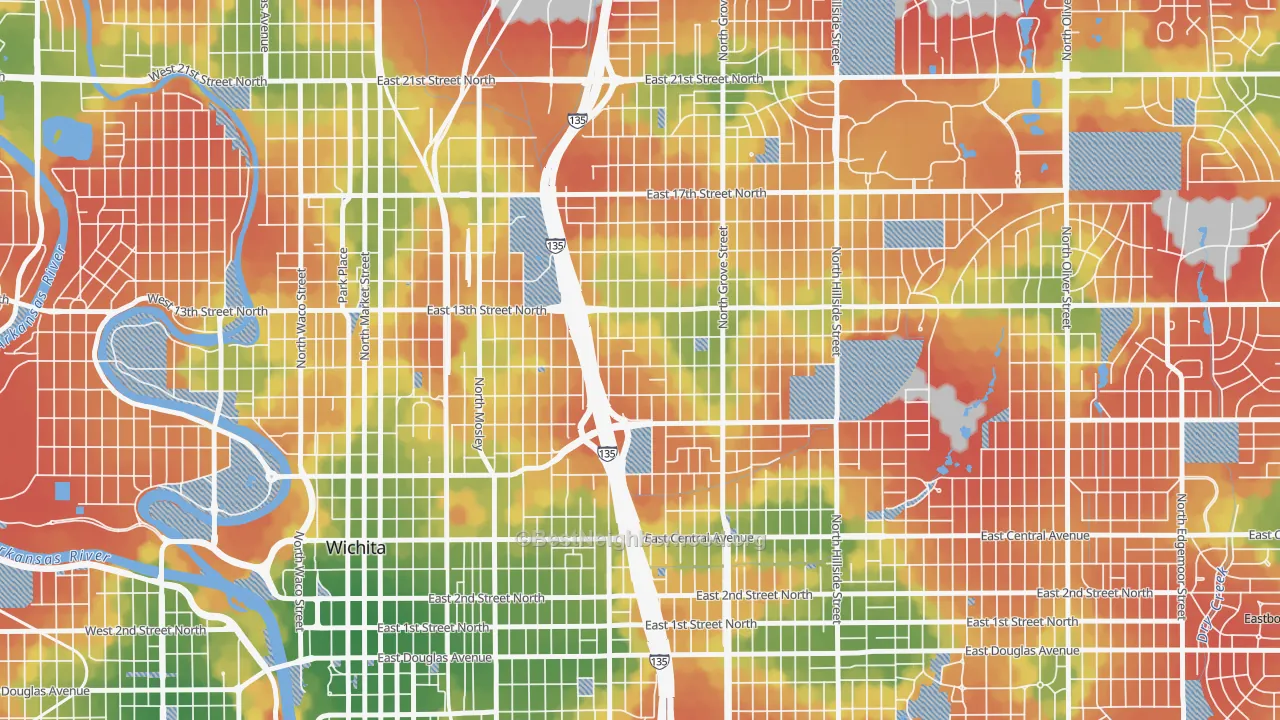 Walk Grade map of 67214, KS, walkable areas in green and car-dependent areas in red
