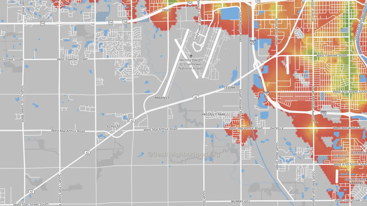 Walk Grade map of 67215, KS, walkable areas in green and car-dependent areas in red