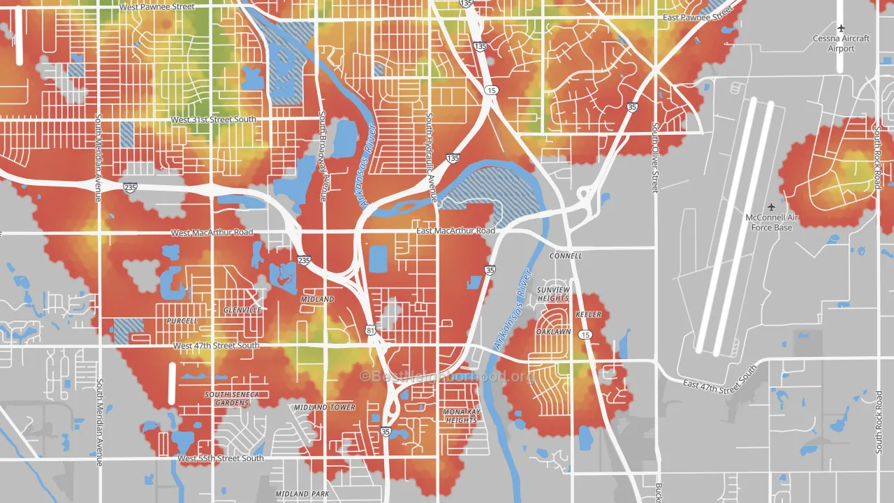 Walk Grade map of 67216, KS, walkable areas in green and car-dependent areas in red