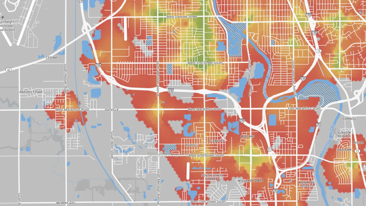 Walk Grade map of 67217, KS, walkable areas in green and car-dependent areas in red