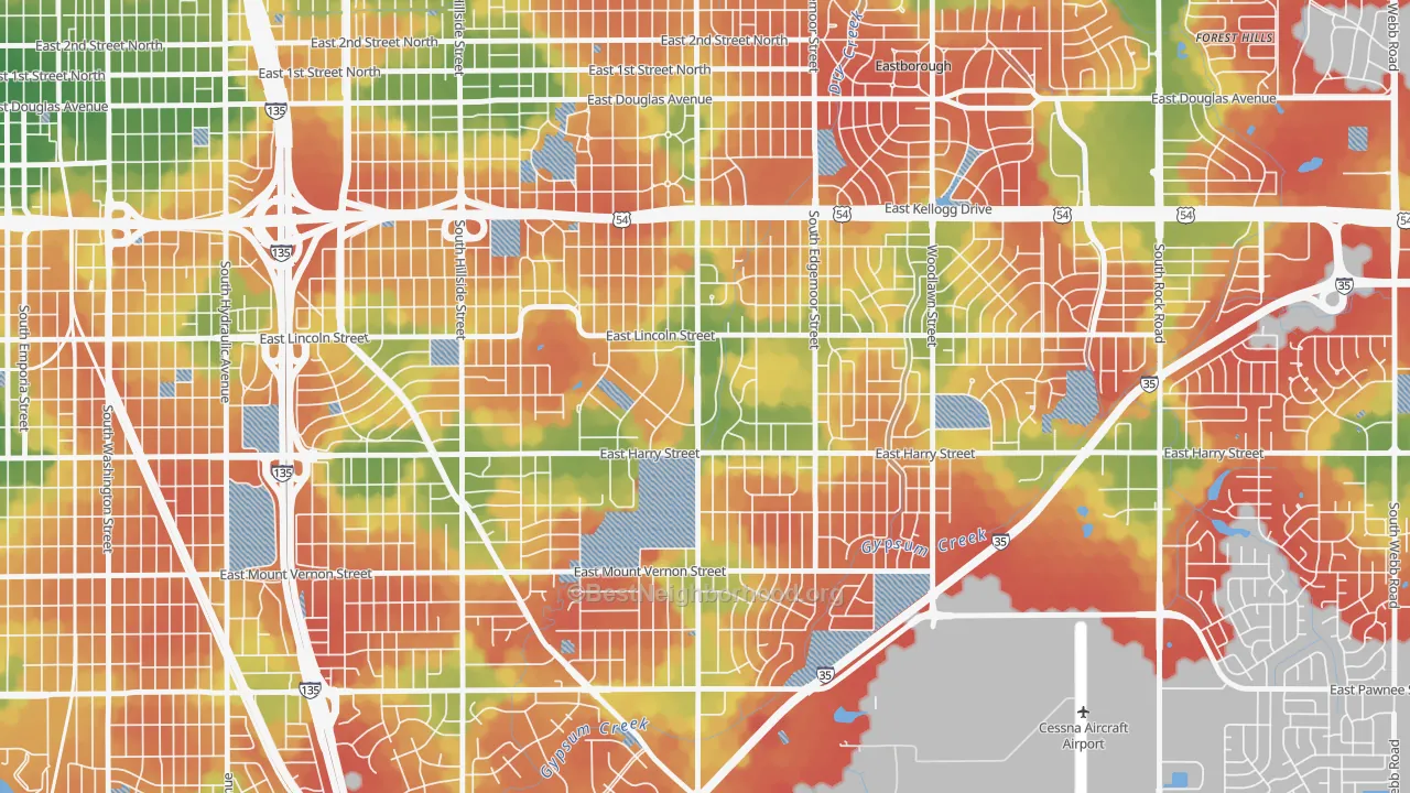 Walk Grade map of 67218, KS, walkable areas in green and car-dependent areas in red