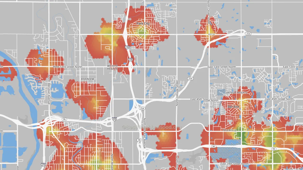 Walk Grade map of 67219, KS, walkable areas in green and car-dependent areas in red