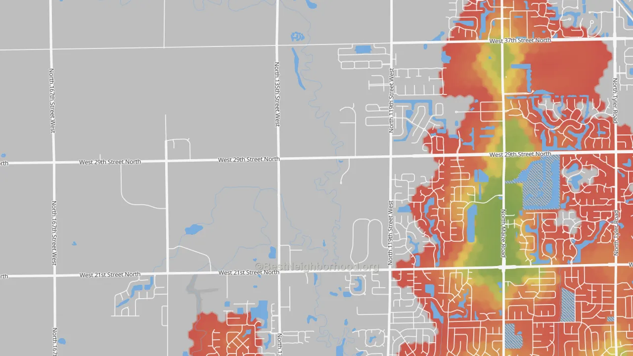 Walk Grade map of 67223, KS, walkable areas in green and car-dependent areas in red