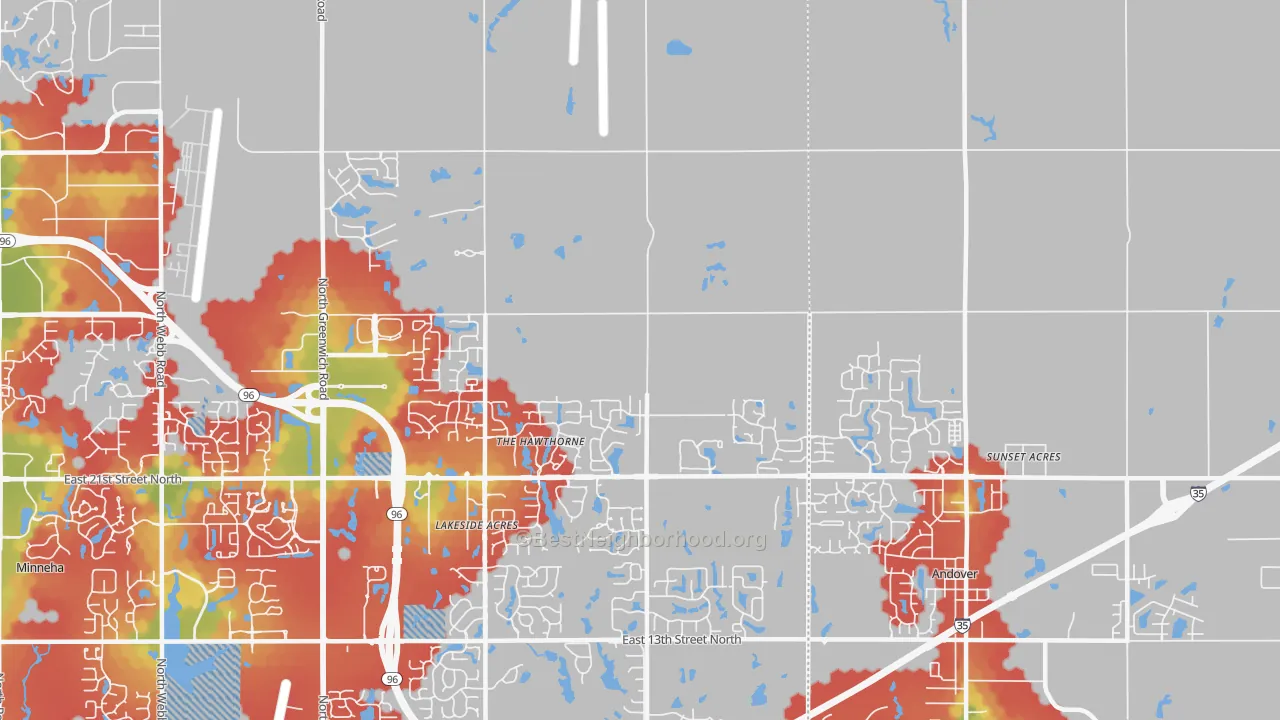 Walk Grade map of 67228, KS, walkable areas in green and car-dependent areas in red