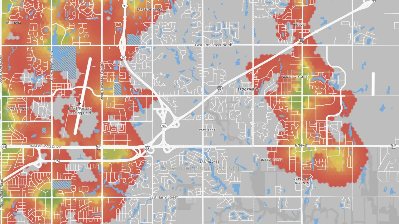 Walk Grade map of 67230, KS, walkable areas in green and car-dependent areas in red