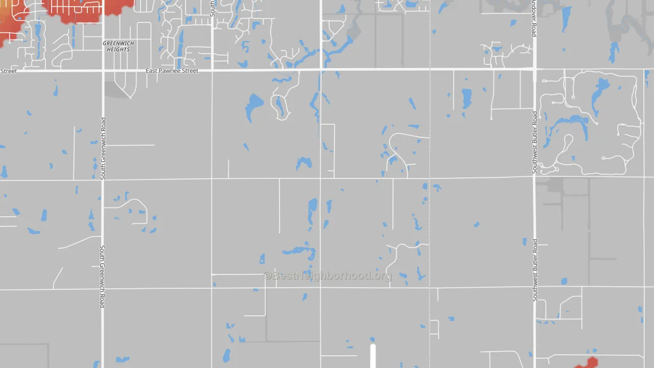 Walk Grade map of 67232, KS, walkable areas in green and car-dependent areas in red