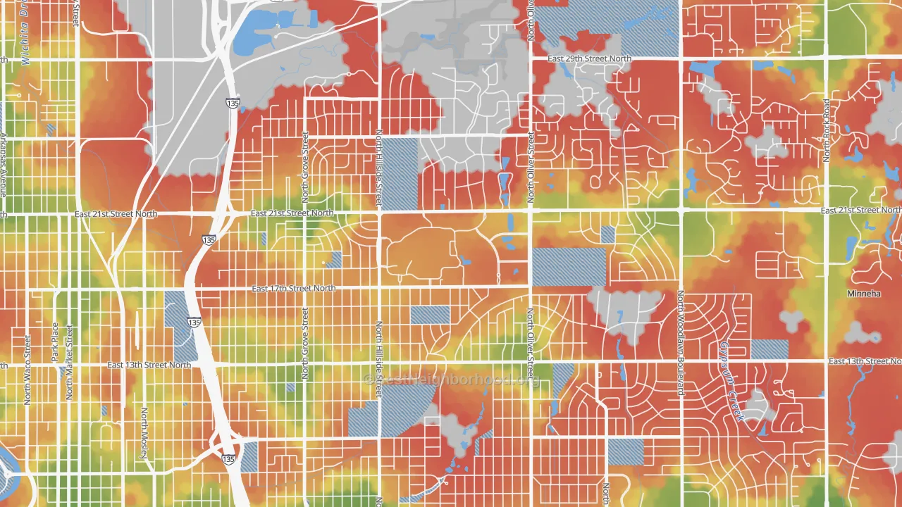 Walk Grade map of 67260, KS, walkable areas in green and car-dependent areas in red