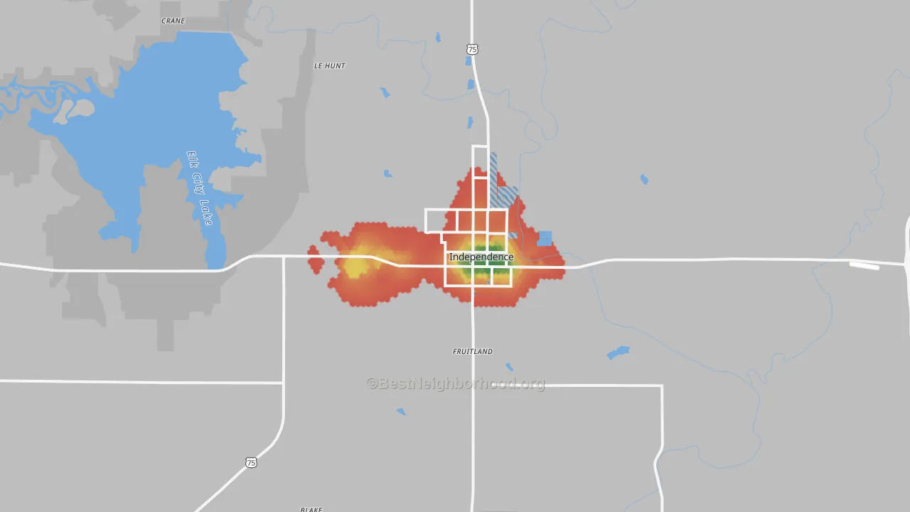 Walk Grade map of 67301, KS, walkable areas in green and car-dependent areas in red