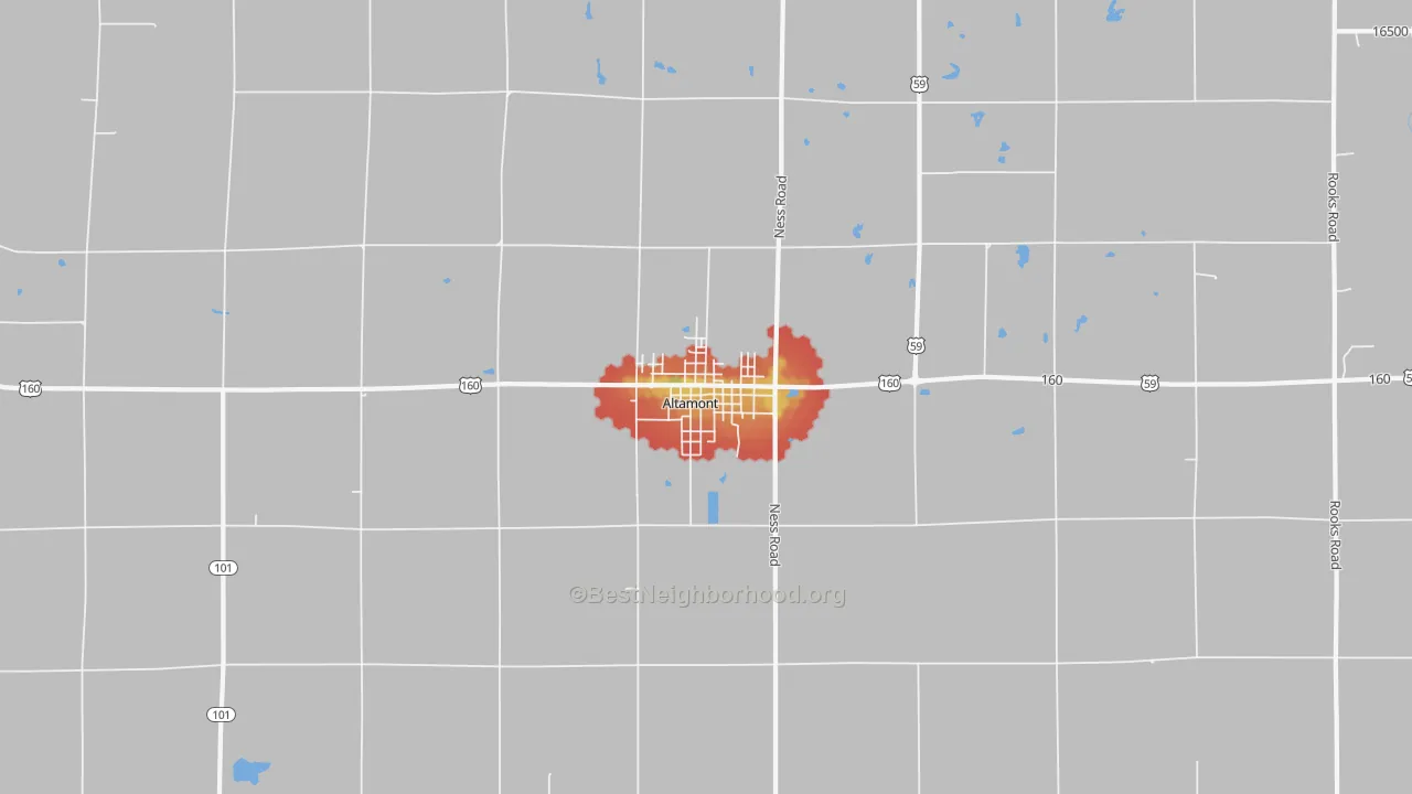 Walk Grade map of 67330, KS, walkable areas in green and car-dependent areas in red