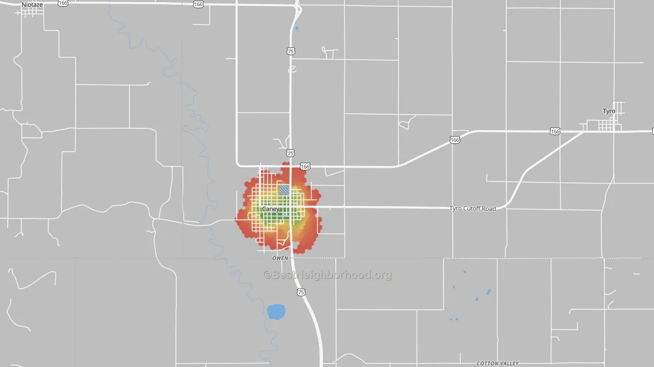 Walk Grade map of 67333, KS, walkable areas in green and car-dependent areas in red