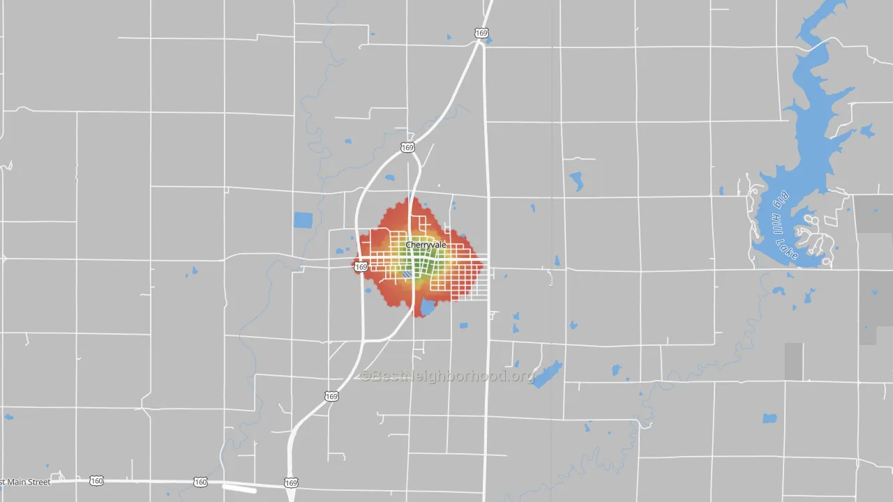 Walk Grade map of 67335, KS, walkable areas in green and car-dependent areas in red