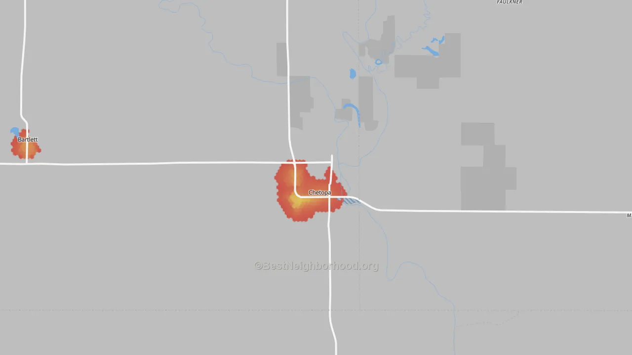 Walk Grade map of 67336, KS, walkable areas in green and car-dependent areas in red