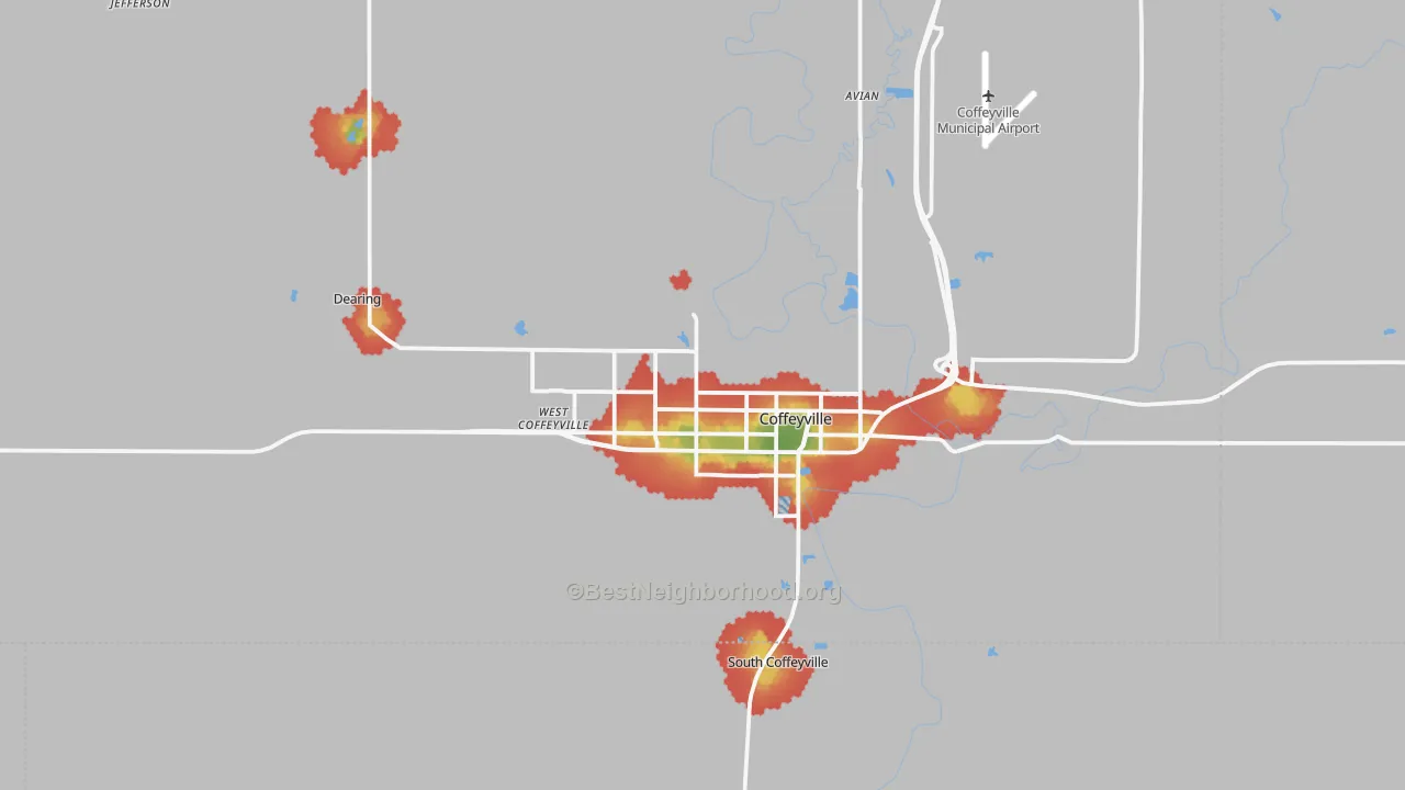 Walk Grade map of 67337, KS, walkable areas in green and car-dependent areas in red